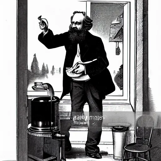 Prompt: karl marx making a cup of coffee. a bird sits on the window ledge screaming at him to hurry up