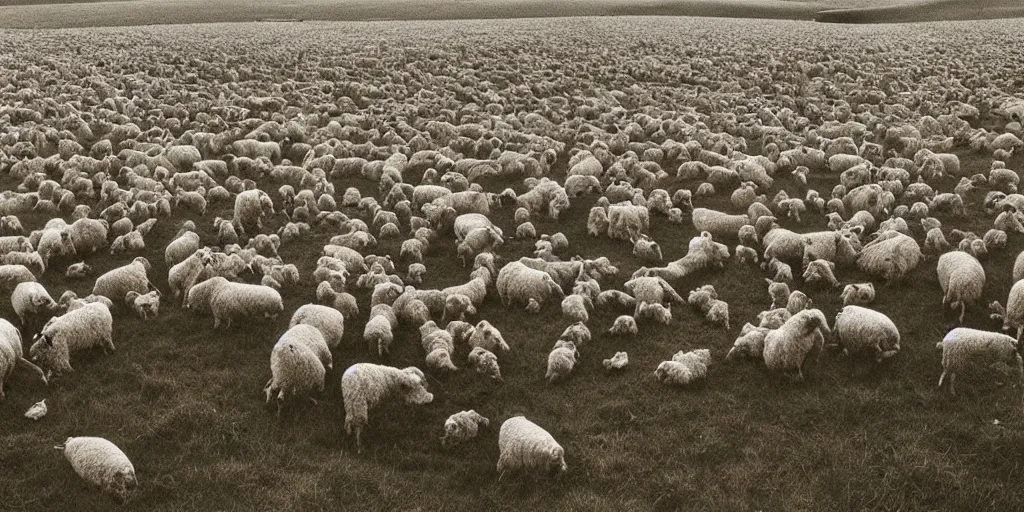 Prompt: a disembodied ear floats above a field of sheep in england, hipgnosis artwork