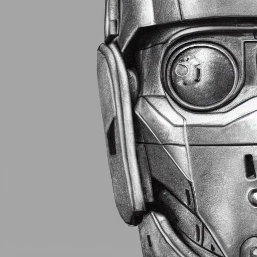 Prompt: close up realistic cyberman with half of his mask broken off showing david tennant pencil sketch cinematic lighting, render, fantasy