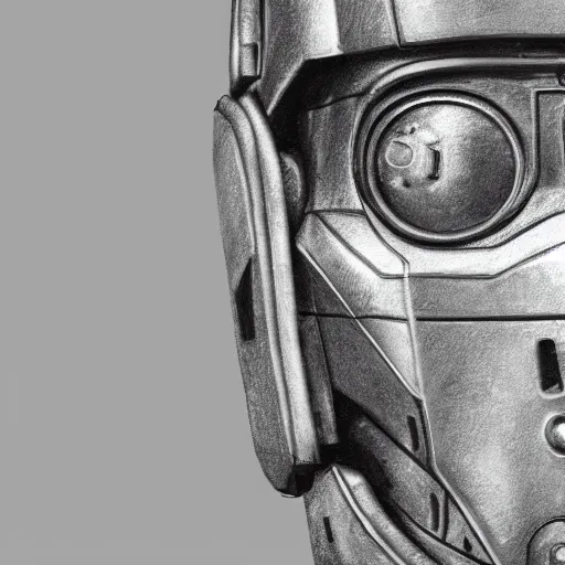 Image similar to close up realistic cyberman with half of his mask broken off showing david tennant pencil sketch cinematic lighting, render, fantasy