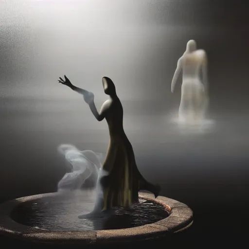 Image similar to the ghosts of the past, present and the future dancing around the fountain of youth and wisdom translucent transparent smoke photorealistic creepy dark foreboding unearthly ghoulish