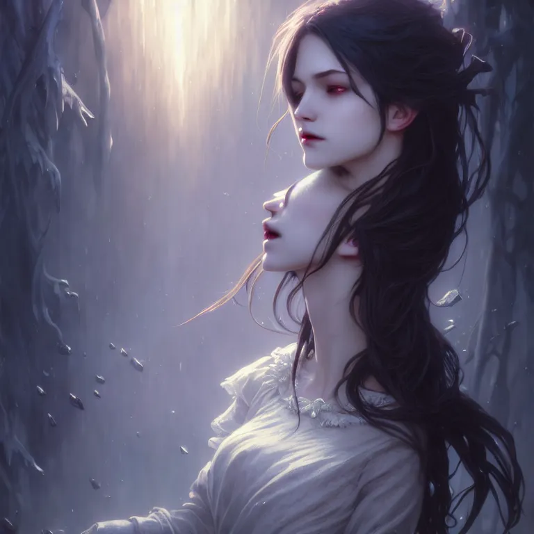 Prompt: gentle vampire, slender girl, silver skin, illustration, cinematic lighting, 8 k, d & d, frostbite 3 engine, of, artstation, intricate, digital art, twilight ray, art by tsuyoshi nagano, greg rutkowski, artgerm, alphonse mucha, radiant light, detailed and complex environment, digital art, art station trends