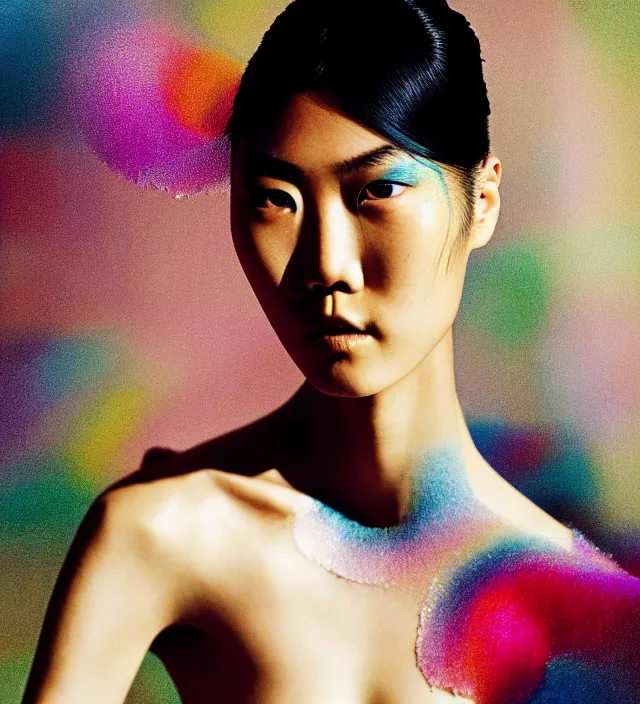 Image similar to photography american portrait of liu wen, natural background, sensual lighting, natural fragile pose, wearing stunning dress by iris van herpen, with a colorfull makeup. highly detailed, skin grain detail, photography by paolo roversi, nick knight, helmut newton, avedon, araki