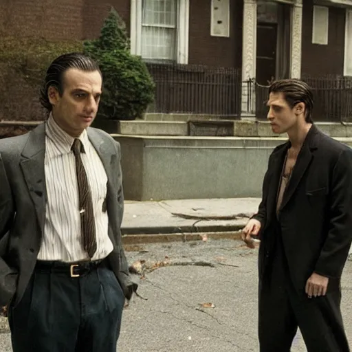 Image similar to scene from david chase's hbo miniseries / the outfit /, a supernatural mafia crime thriller about magical monster - hunting mafiosi in 9 0 s philadelphia. in this scene the main character talks to a vampire. realistic hd 8 k film photography, hdr magic vfx.