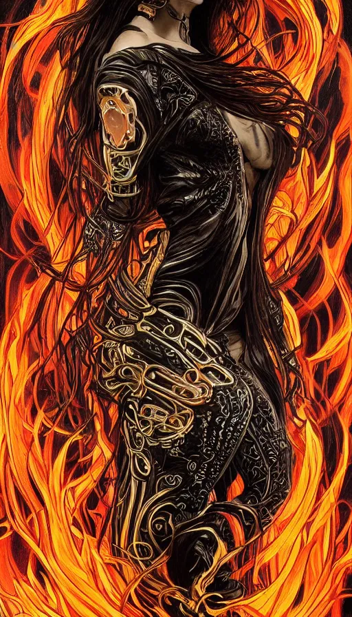 Image similar to a finely detailed beautiful!!! feminine cyberpunk ghost rider with skull face and long flowing hair made of fire and flames, dressed in black leather, by Alphonse Mucha, designed by H.R. Giger, legendary masterpiece, stunning!, saturated colors, black background, full body portrait, zoomed out to show entire image, trending on ArtStation