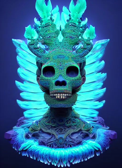 Image similar to 3 d goddess profile portrait, sigma 5 0 0 mm f / 5. beautiful intricate highly detailed quetzalcoatl skull and feathers. bioluminescent, plasma, lava, ice, water, wind, creature, thunderstorm! artwork by tooth wu and wlop and beeple and greg rutkowski, 8 k trending on artstation,