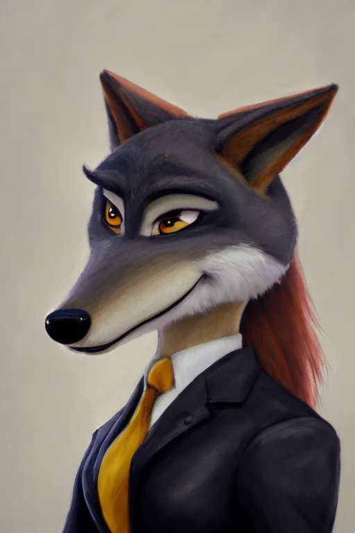 Image similar to oil painting of anthromorphic female wolf, in style of zootopia, female fursona, furry, furaffinity, 4 k, deviantart, furry art, fursona art, wearing black business suit, business suit, wolf fursona, female, very expressive detailed feminine face,