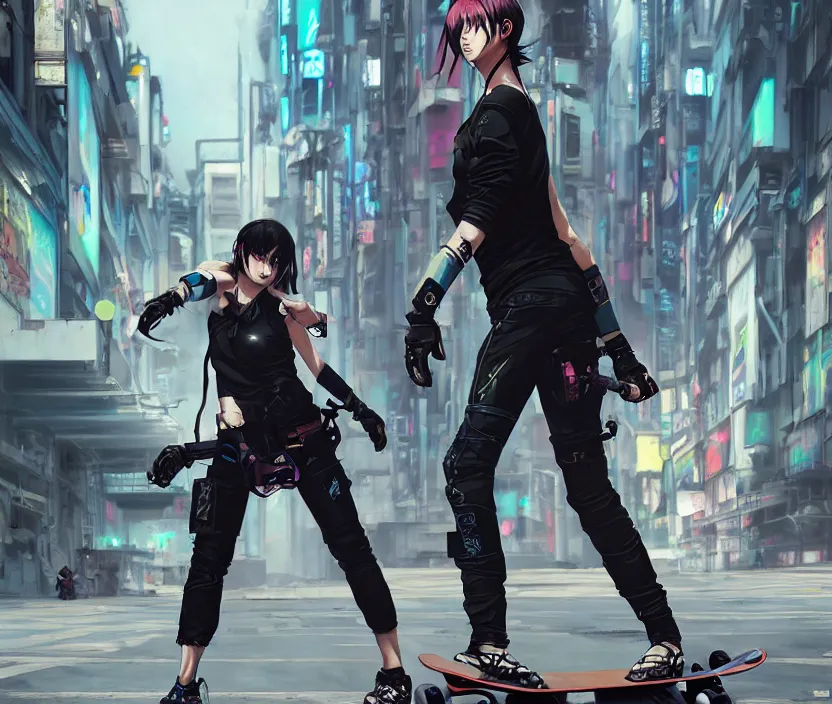 Image similar to hyper - realistic cyberpunk anime woman flip skateboard, sport, action tokyo street, extreme detail, good face, model, concept art, in style of yoji shinkawa, pan ren wei, col price, atey ghailan, by greg rutkowski, aesthetic