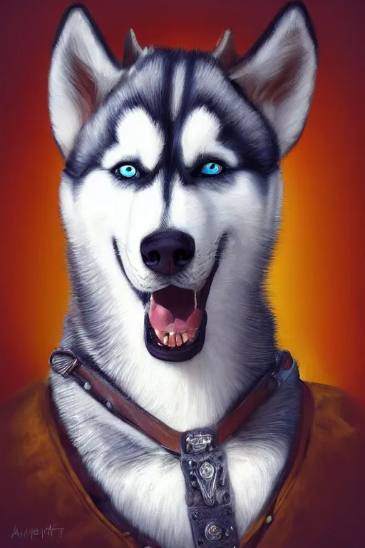 Prompt: a portrait painting of a husky in cowboy costume, wearing a cowboy hat, character design, personify, humanoid, anthropomorphic, trending on artstation