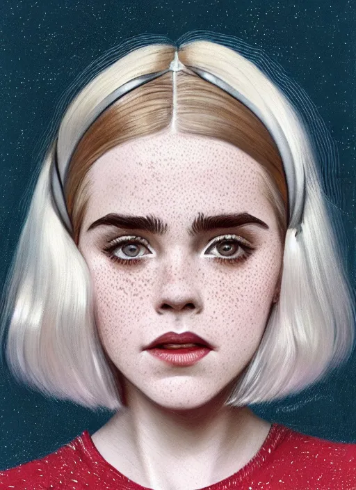 Image similar to portrait of kiernan shipka with freckles, white hair, 1 9 6 0 s bob hairstyle, hairstyle with bangs, 1 9 6 0 s bob hair with bangs and hairband, intricate, elegant, glowing lights, highly detailed, digital painting, artstation, concept art, smooth, sharp focus, illustration, art by wlop, mars ravelo and greg rutkowski