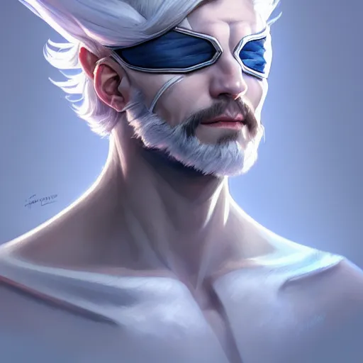 Image similar to cyclops fighter, white grey blue color palette, male, d & d, fantasy, intricate, elegant, highly detailed, long silver hair, digital painting, artstation, octane render, concept art, matte, sharp focus, illustration, hearthstone, art by artgerm, alphonse mucha johannes voss