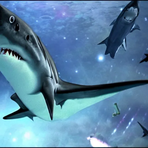 Prompt: Still from the movie Sharknado, in space with angry sharks floating in the interstellar space ready to attack the earth