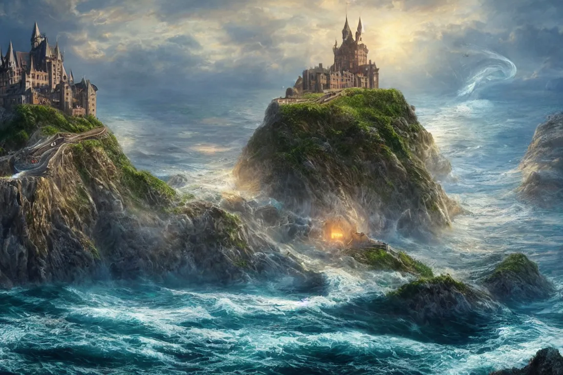 Image similar to an epic fantastic realism painting of a castle city being devoured by the ocean, 8 k, ultra realistic, lens flare, atmosphere, glow, detailed, intricate, full of colour, cinematic lighting, trending on artstation, 4 k, hyperrealistic, focused, extreme details, unreal engine 5, cinematic, masterpiece