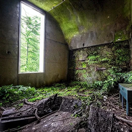 Image similar to abandoned, overgrown, underground bunker, waterfall room