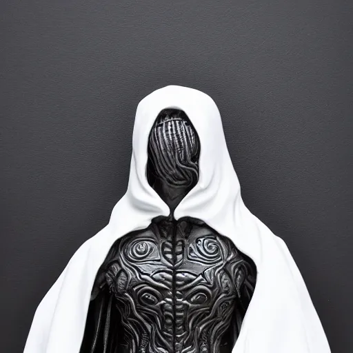 Prompt: venom lord sculptor, black paint on white porcelain, leather cloak, intricate, wet plastic, levitating, style of alex stoddard, 8 k