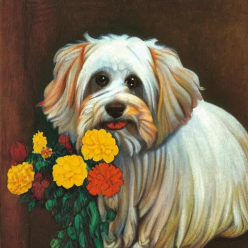 Image similar to portrait of a cream colored havanese dog with marigolds by diego rivera 1 9 3 5