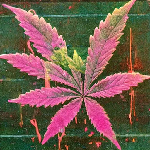 Image similar to marijuana placed as a abstract monument, pink elemenets, elegant, old-style