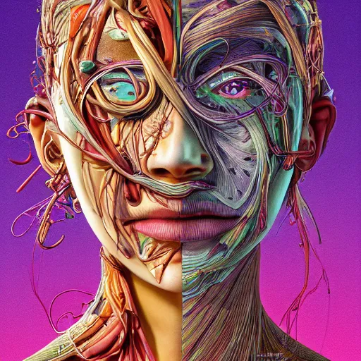 Prompt: the anatomical face of a ridiculously beautiful and pretty woman partially made of onion rings of all colors looking up, an ultrafine detailed illustration by james jean, final fantasy, intricate linework, bright colors, behance contest winner, vanitas, angular, altermodern, unreal engine 5 highly rendered, global illumination, radiant light, detailed and intricate environment