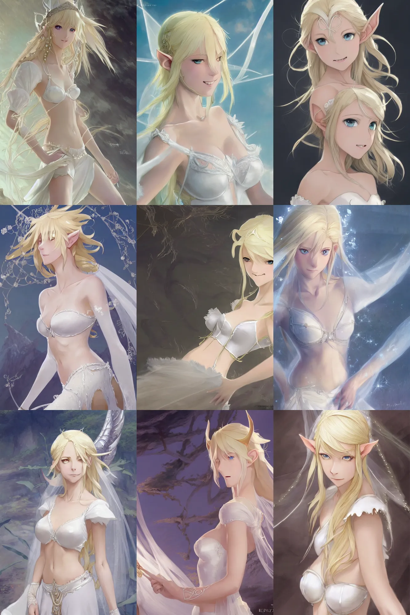 Prompt: Worksafe. Cinematic, epic. Fantasy, fairytale. Close-up gentle blonde elven magician princess wearing white luxury bridal bra with many frills and laces, expressing joy. By krenz cushart, makoto shinkai and pixiv. Accurately shaped manga face. A very clean image. Bold contours. High contrast and gentle colors.