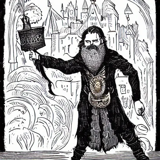 Prompt: wizard with beard, holding a bomb, dnd, high detail, fantasy, in the style of vintage antique illustration and line drawing or engraving, woodcut,