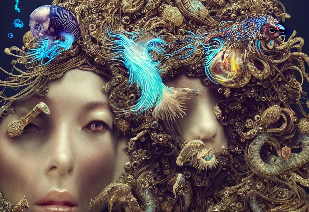 Image similar to isis goddess macro close - up portrait with crown made of ram skull + betta fish + jellyfish, bioluminiscent, plasma, wind, creature, super intricate ornaments artwork by tooth wu and wlop and beeple and greg rutkowski