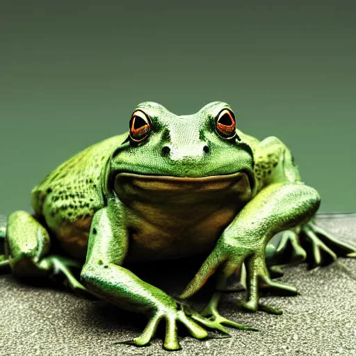 Prompt: hyperrealistic image of bullfrog, by thomas eakes & xiang duan, perfect symmetry, dim volumetric lighting, photorealistic, 8 k octane beautifully detailed render, post - processing, extremely hyper - detailed, intricate, epic composition, lifelike attributes, cinematic lighting, masterpiece, trending on artstation, very very detailed, stunning,