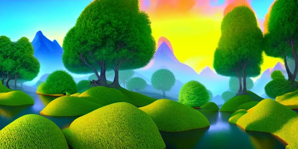 Prompt: a beautiful 3 d fantasy landscape art, orange clouds in the blue sky and green trees, snowy mountains, 3 d art in bob ross style, unreal engine 5, hyper realism