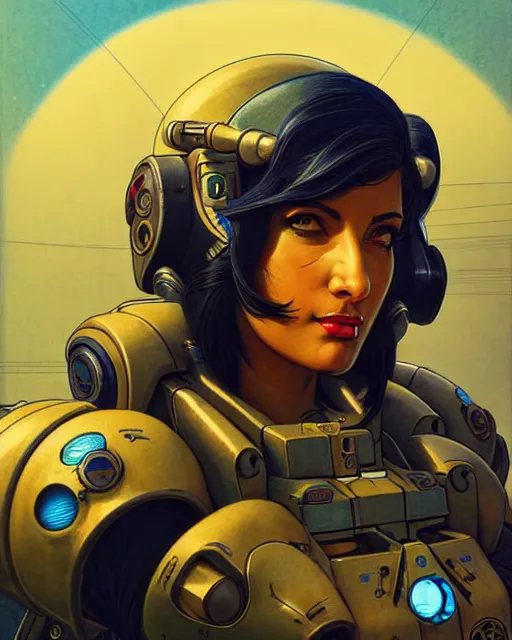 Image similar to pharah from overwatch, battletech, character portrait, portrait, close up, concept art, intricate details, highly detailed, vintage sci - fi poster, retro future, vintage sci - fi art, in the style of chris foss, rodger dean, moebius, michael whelan, and gustave dore