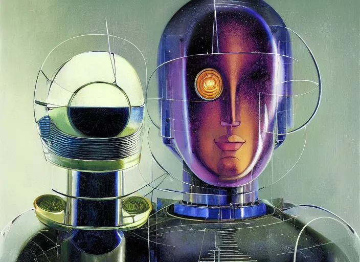 Image similar to a portrait headshot of sci fi metallic human, bright eyes, melancholic complex geometric figure liminal machinery by oskar schlemmer, moebius, john berkey, film grain, oil on canvas, portrait facial head, featured on artstation, hd wallpaper, 8 k, bright colors, global lighting