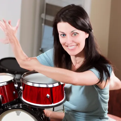 Prompt: tall dark haired woman teaching cats how to play drums