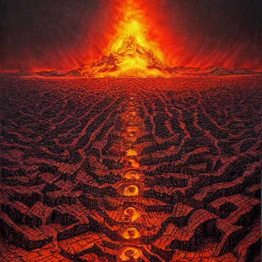 Image similar to Burning hellscape. Highly Detailed. Masterpiece. By Jeffrey Smith