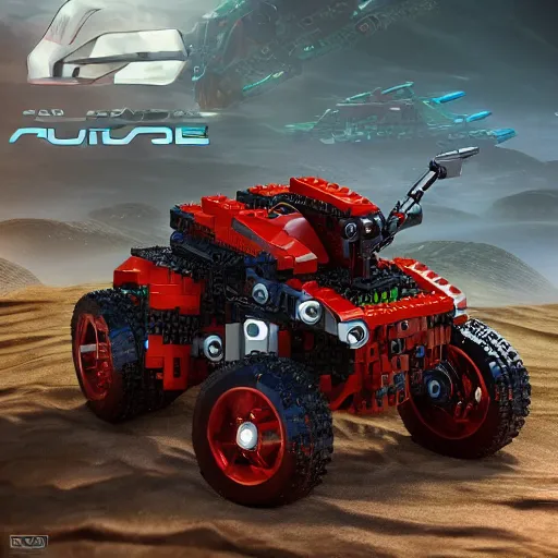Prompt: 3 d wave runner atv in the style of lego bionicle and gunpla model, 3 d toy, octane render, vehicle, hoverbike, spacecraft, audi design style, 2 0 4 4, solarpunk, cyberpunk, clean aesthetic,