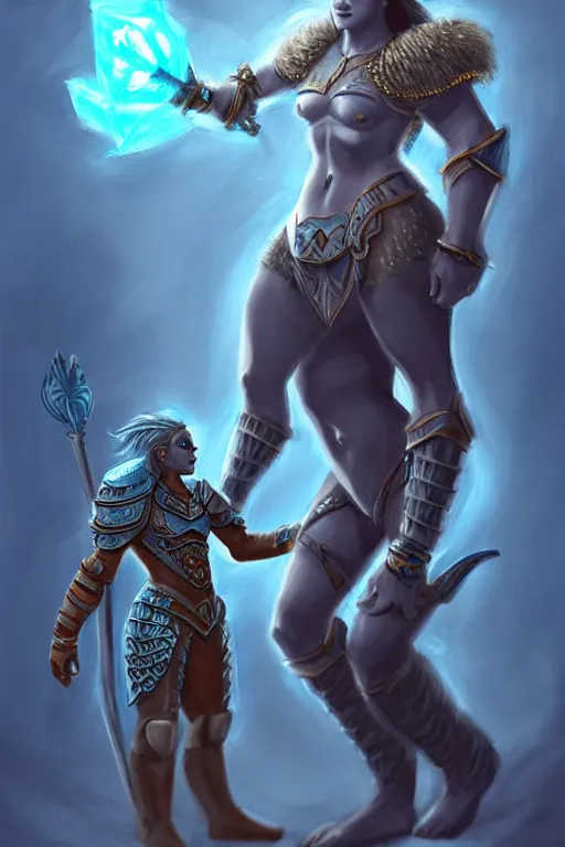 Image similar to a small blue-skinned triton girl wearing scale armor riding on a the shoulders of a large male goliath wearing fur and leather armor, dnd concept art, painting by Tyler Jacobson