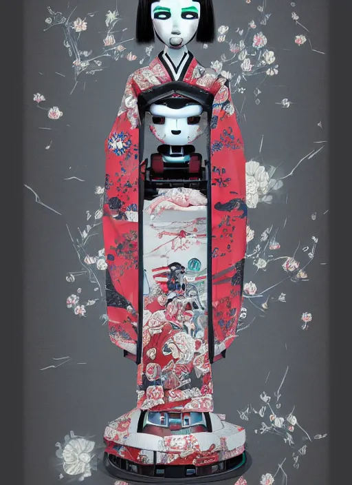 Image similar to full body portrait of a gothic japanese robot geisha with kanji tattoos and decals wearing a digital pixelated kimono, intricate design, photorealistic, octane render, raytraced, ultra fine detailed, character design, trending on artstation