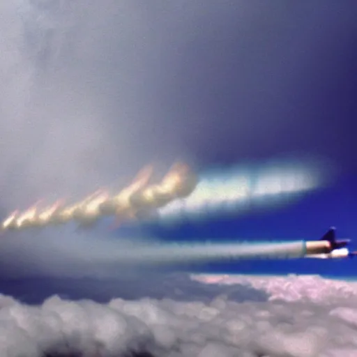 Prompt: cinematic areal shot magnetic field blowing fighter jets in the clouds