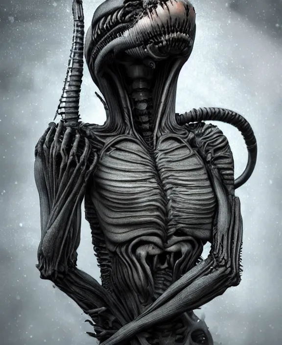 Prompt: xenomorph hugging pale sad beauty merging, dark mist colors, giger background liminal void, digital art, cinematic lighting, realistic, award winning photograph, various refining methods, micro macro autofocus