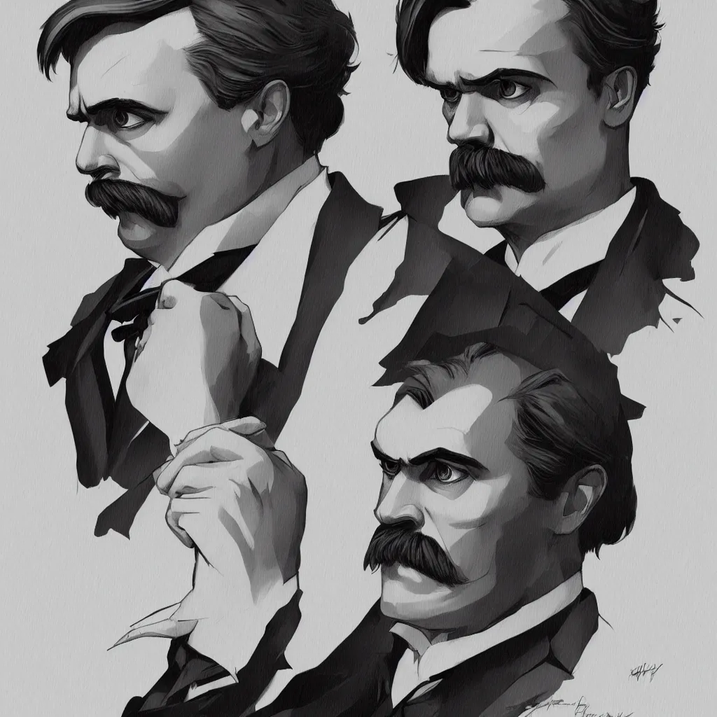 Prompt: Portrait of Friedrich Nietzsche in his Suit with a chiseled Jawline and serious Look, in the Style of Artgerm and Charlie Bowater and Mike Mignola, rim light, saturated colors, hard shadows, colorful, plain background, trending on artstation