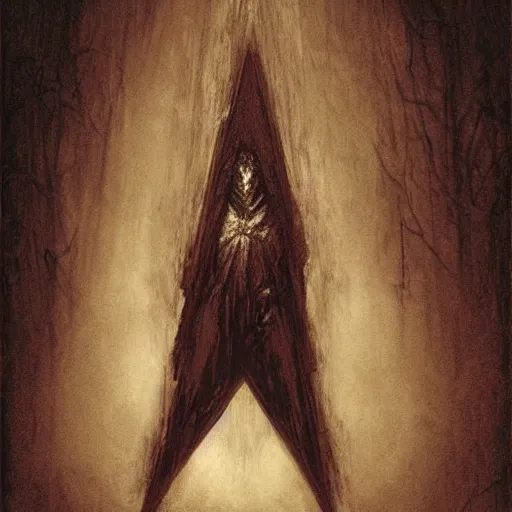 Image similar to Pyramid Head is in love, intricate, highly detailed, fullbody, artstation, dark fantasy, horror, Silent Hill game, concept art, smooth, sharp focus, illustration, art by greg rutkowski and orientalism and bouguereau and Zdzislaw Beksinski, good clear quality, lighting, biology, symmetrical artwork, perfect face, 135 mm, cinematic, hyper realism, high detail, octane render, 8k, chrome accents