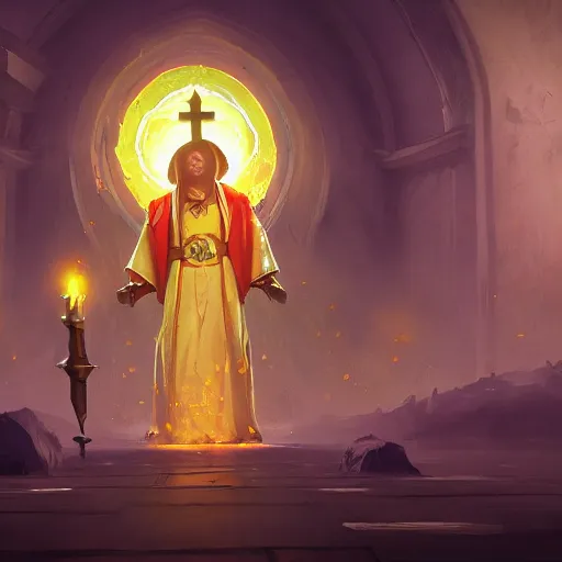 Image similar to a holy priest, yellow theme, bright art masterpiece artstation. 8 k, sharp high quality artwork in style of jose daniel cabrera pena and greg rutkowski, concept art by tooth wu, blizzard warcraft artwork, hearthstone card game artwork, holy priest mage