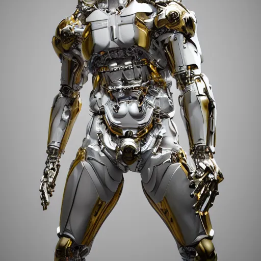 Image similar to statue of white marble with gold veins of strong attractive futuristic cybernetic man adonis posing, hyper realistic, transhumanism, perfect symmetrical body, perfect symmetrical face, hyper detailed, full body shot, by johannen voss, by peter kemp, by monia merlo, by michelangelo octane render blender, 8 k