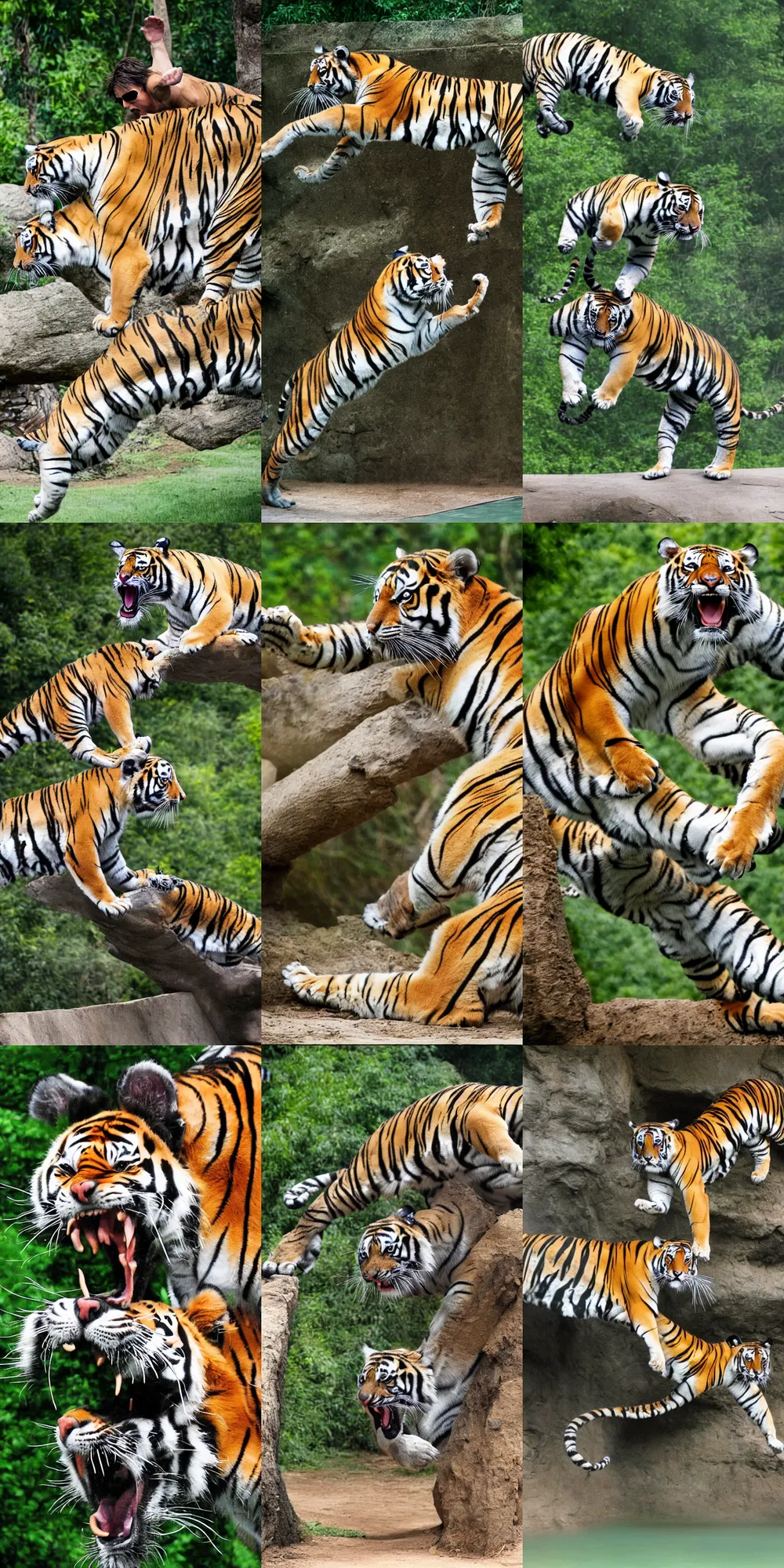 Prompt: photo of tom cruise diving head first into a tiger pen at the zoo, tigers, zoo, 4 k, high quality