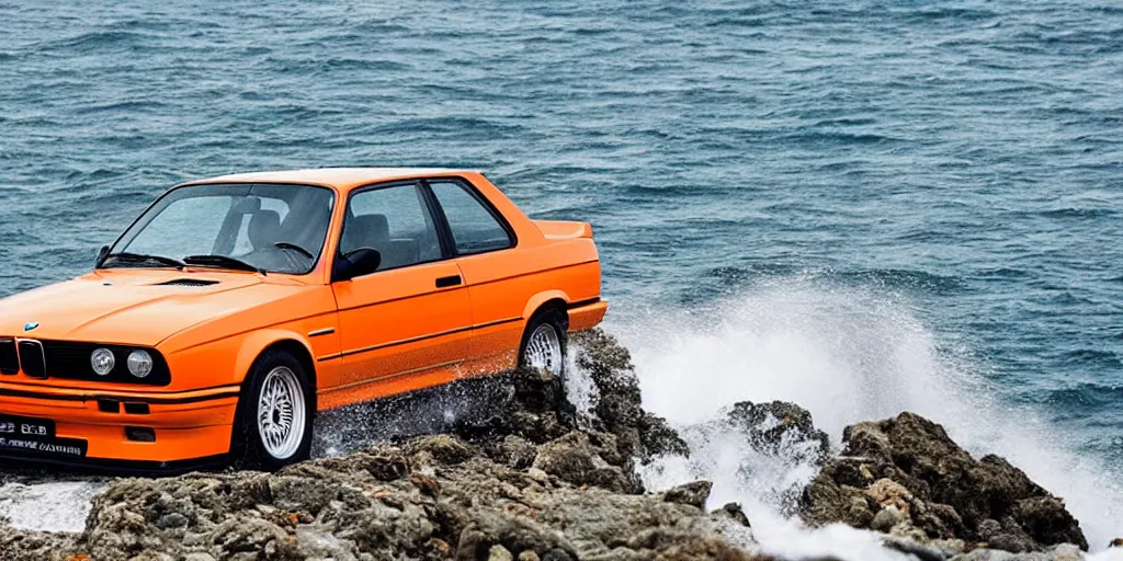 Image similar to orange bmw e30 m3 driving off a cliff into the ocean