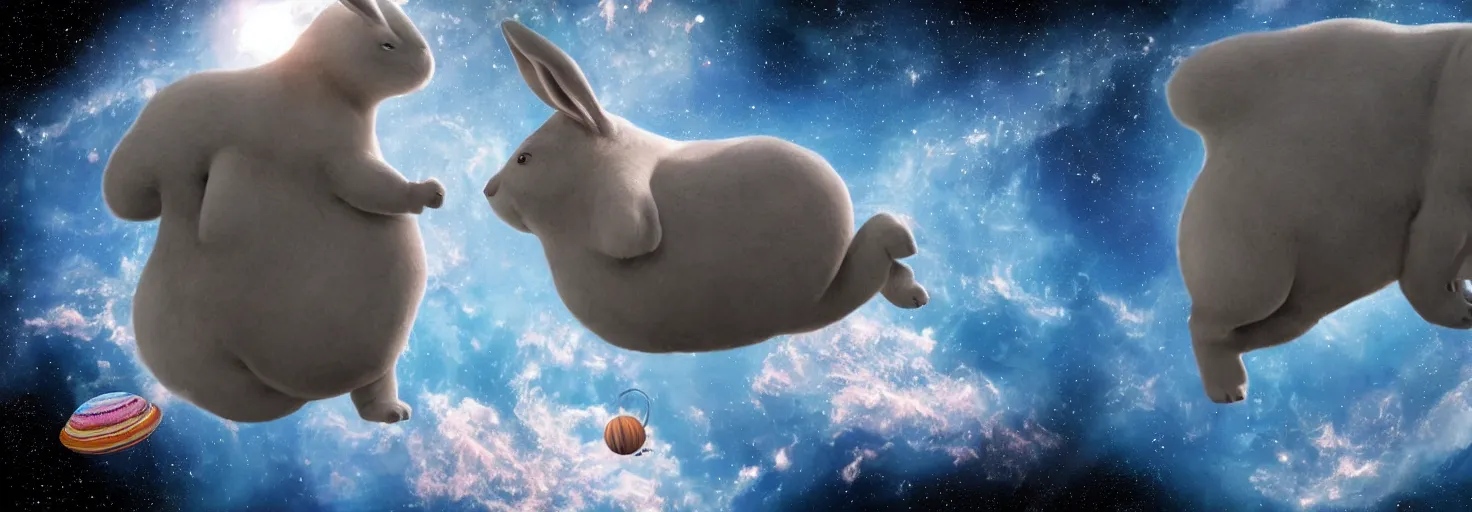 Image similar to photo of big chungus floating in space