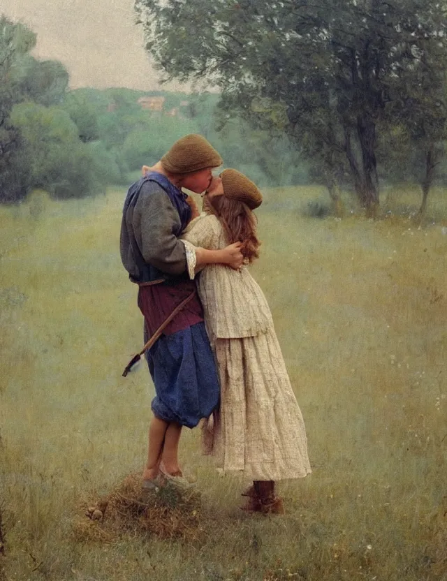 Image similar to peasant boy and girl first kiss, on a village, Cinematic focus, Polaroid photo, vintage, neutral colors, soft lights, foggy, by Steve Hanks, by Serov Valentin, by lisa yuskavage, by Andrei Tarkovsky 8k render, detailed, oil on canvas