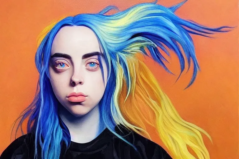 Image similar to billie eilish, fantasy, painting, ultra realistic!!!, clear weather, golden hour, sharp focus