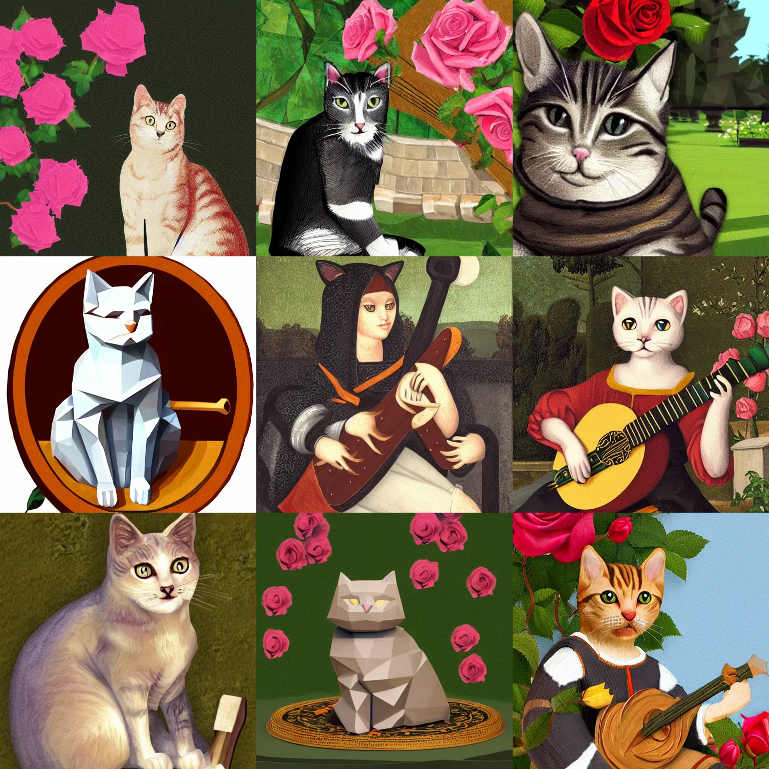 Prompt: cat with lute, sitting in the rose garden, medieval portrait, low poly, close up