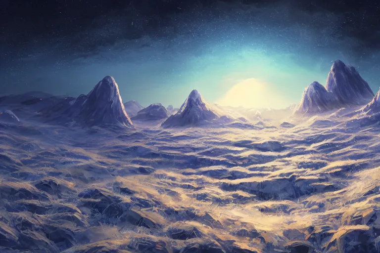 Image similar to blue themed ice crystal landscape, meteor shower, epic, miyazaki style, cinematic, indie, highly detailed, featured on artstation, highly detailed, abstract