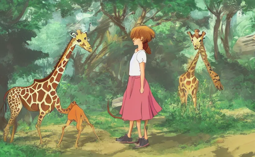 Prompt: a girl spending her day at the zoo, feeding a giraffe, a Studio Ghibli style scene, digital art, 4k