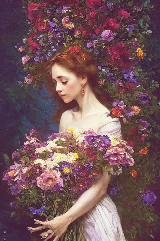 Prompt: portrait of a beautiful mysterious woman holding a bouquet of flowing flowers, hands hidden under the bouquet, fantasy, regal, intricate, by stanley artgerm lau, greg rutkowski, thomas kindkade, alphonse mucha, loish, norman rockwell