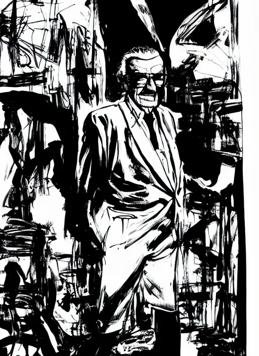 Prompt: stan lee, high contrast, standing, portrait, facing forward, face in focus, art by Frank Miller